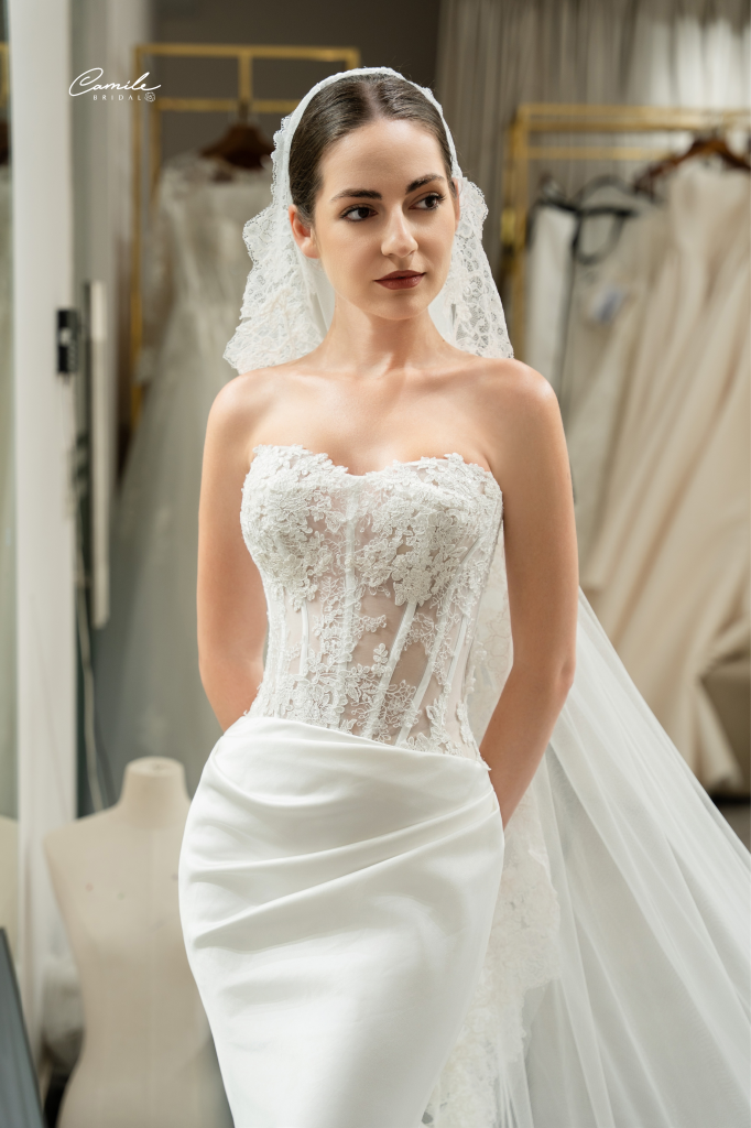 Custom made wedding dress for bride Kate Linn